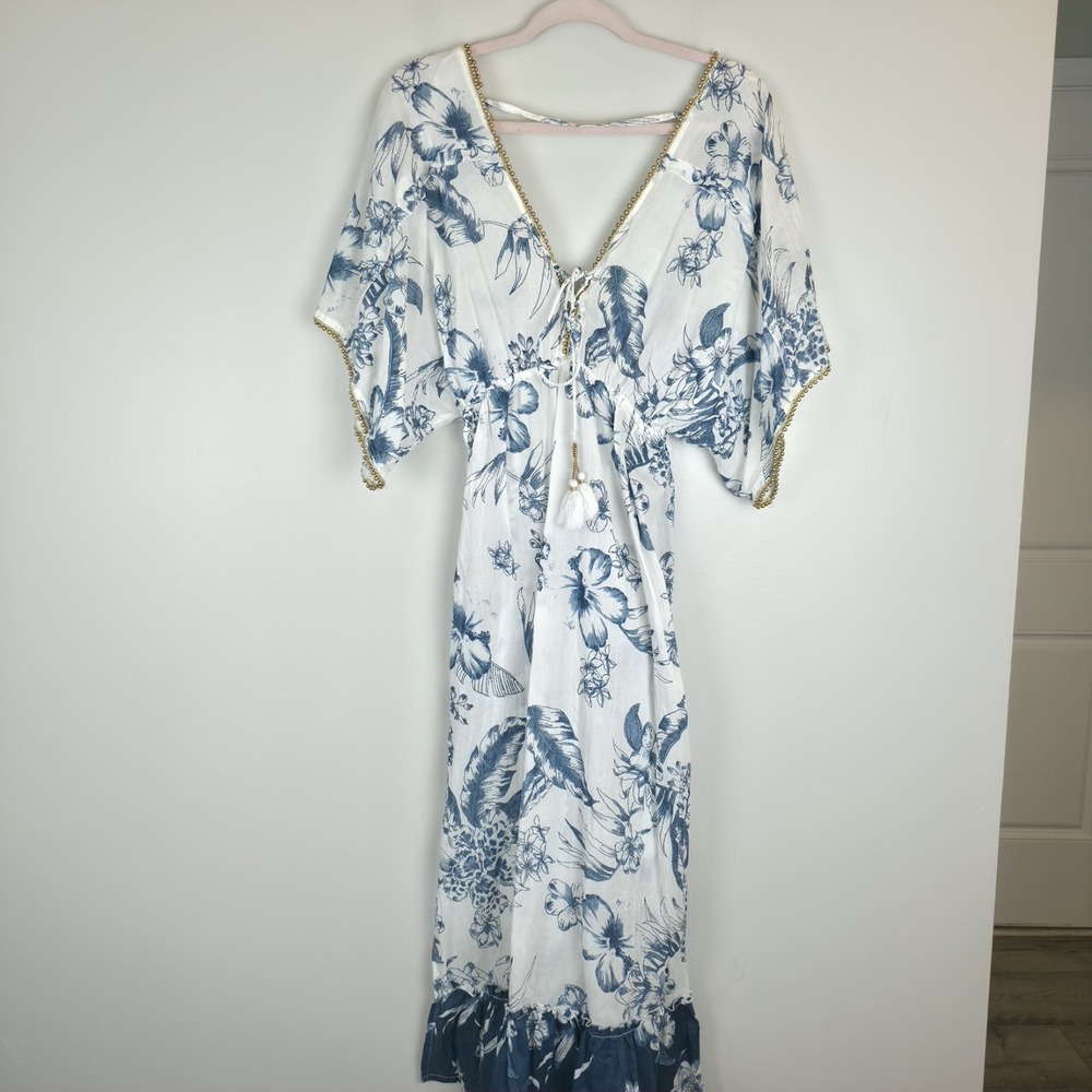 Summer Destiny Beautiful Blue w/Gold Beads Beach/Cruise Coverup Sz Small.A209